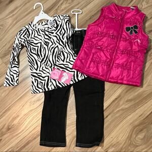 NWT 4T Young Hearts 3 Piece Set (Pink Vest, Black & White Shirt, & Black Jeans)